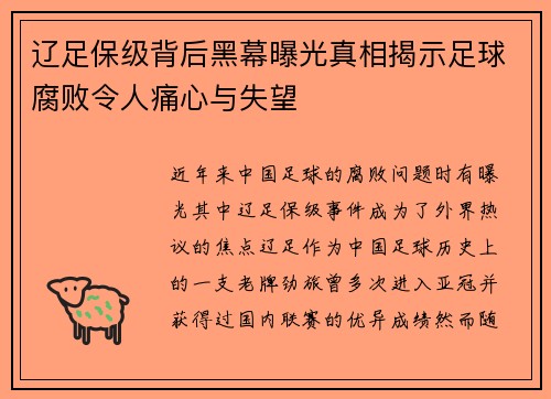 辽足保级背后黑幕曝光真相揭示足球腐败令人痛心与失望