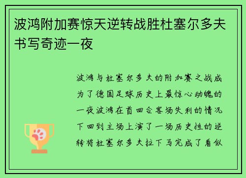波鸿附加赛惊天逆转战胜杜塞尔多夫书写奇迹一夜