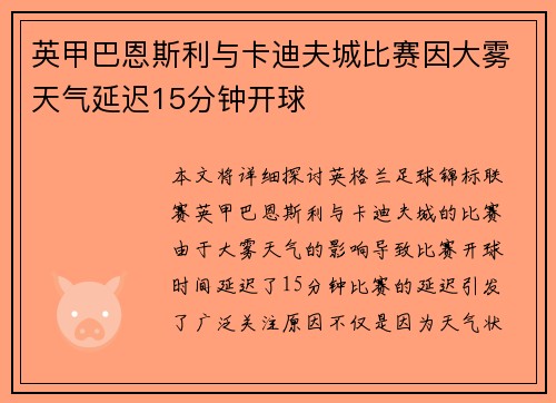 英甲巴恩斯利与卡迪夫城比赛因大雾天气延迟15分钟开球